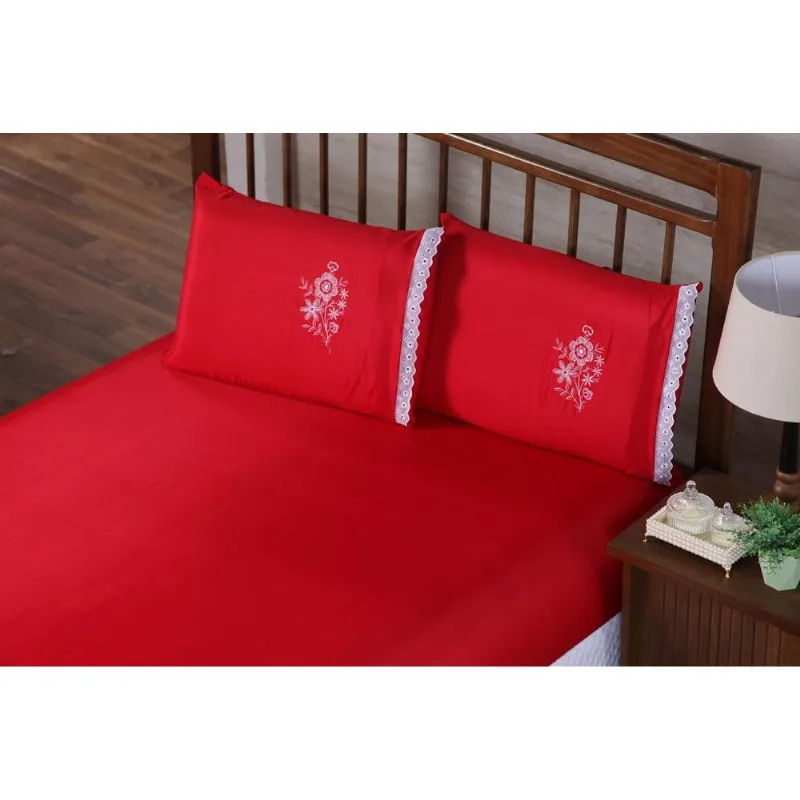 Kit Jogo De Lençol Casal 3 Peças Vermelho Fronha Bordada