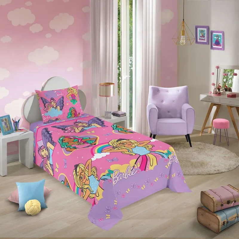 Jogo De Lençol Personagens Barbie Solteiro Lepper 2 Peças Microfibra Rosa