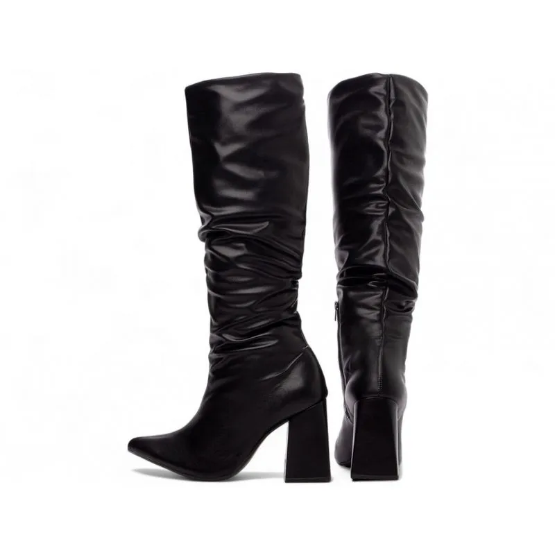 Bota Cano Alto Longo Franzida Feminina Bico Fino Salto Alto Grosso 9cm Preta Torricella