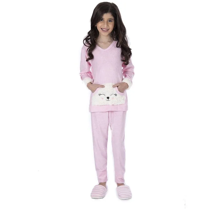 Pijama Plush Inverno Infantil Menina Bolso Canguru Victory
