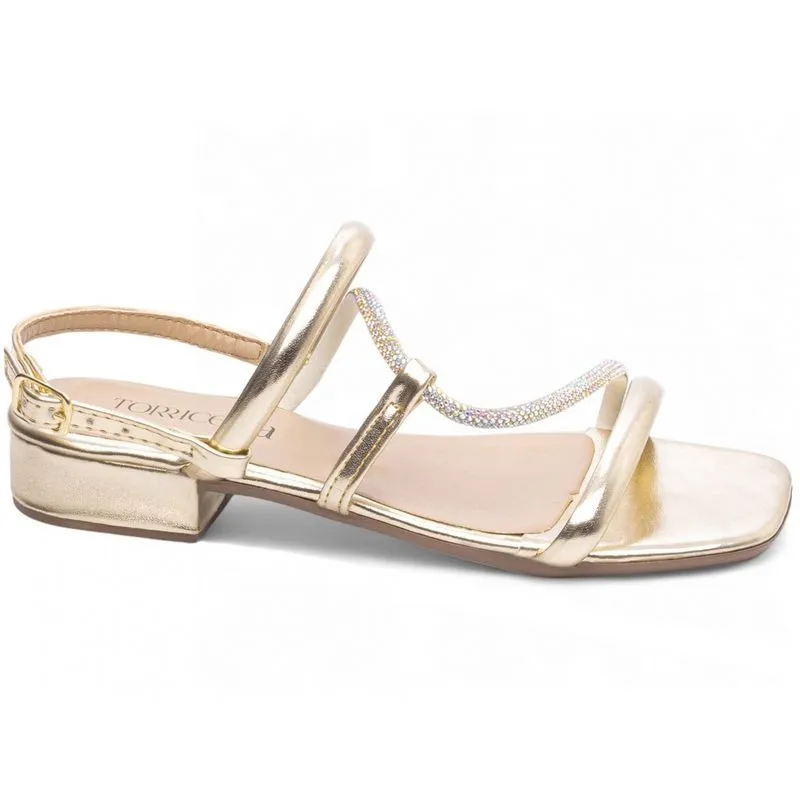 Sandália Feminina Salto Baixo Saltinho Ajuste Fivela Manta Strass 2,5cm Ouro Light Torricella