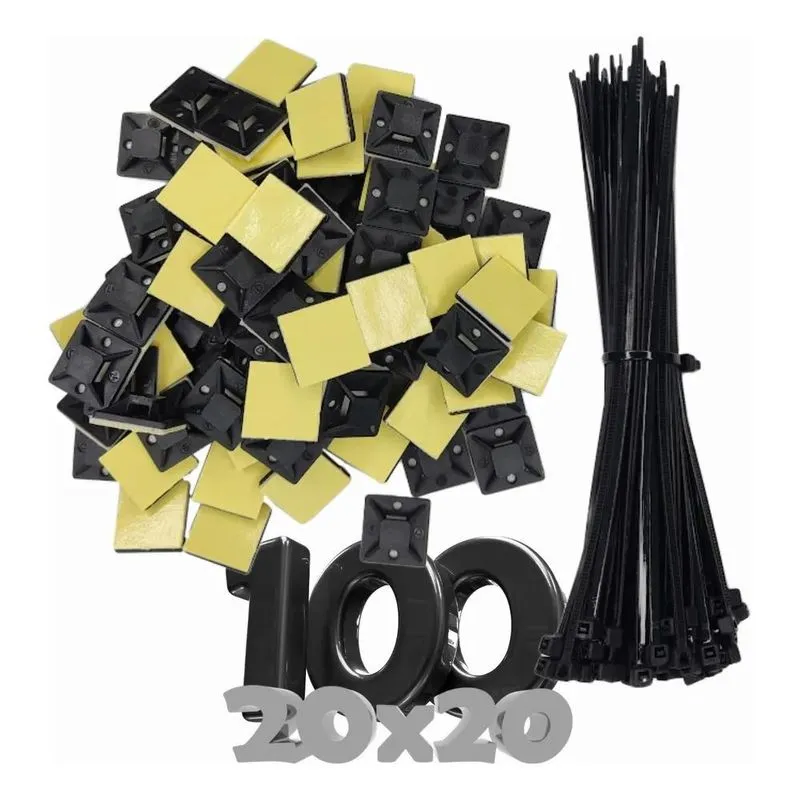 100 Fixador Autoadesivo 20x20mm + 100 Abraçadeiras Nylon
