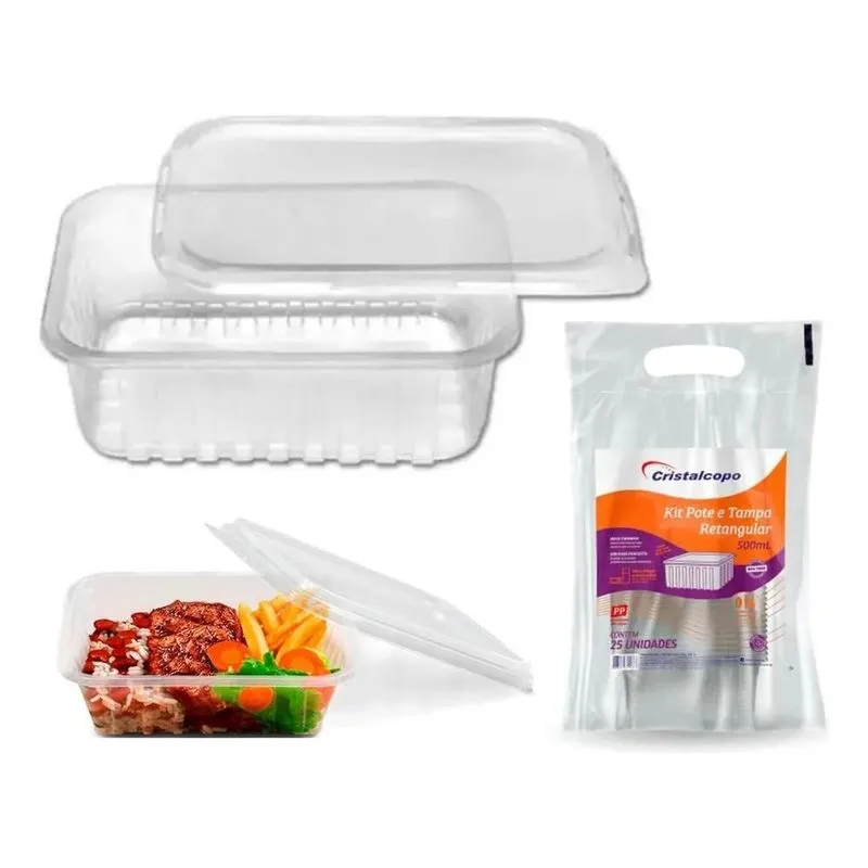Pote Retangula 500ml C/25 Marmita Fitness Freezer Microonda