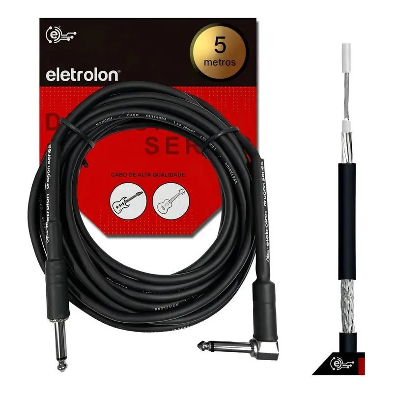 3x Cabo P10 Eletrolon Mono 90º Graus Violão Guitarra Baixo 5