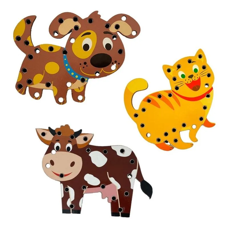 Kit 3 Alinhavo Bicho Animal Brinquedo Educativo Mdf E Cordão