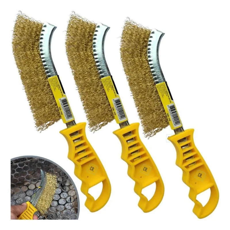Kit 3 Escovas De Aço Com Cabo Para Limpeza De Ferrugem Ferro