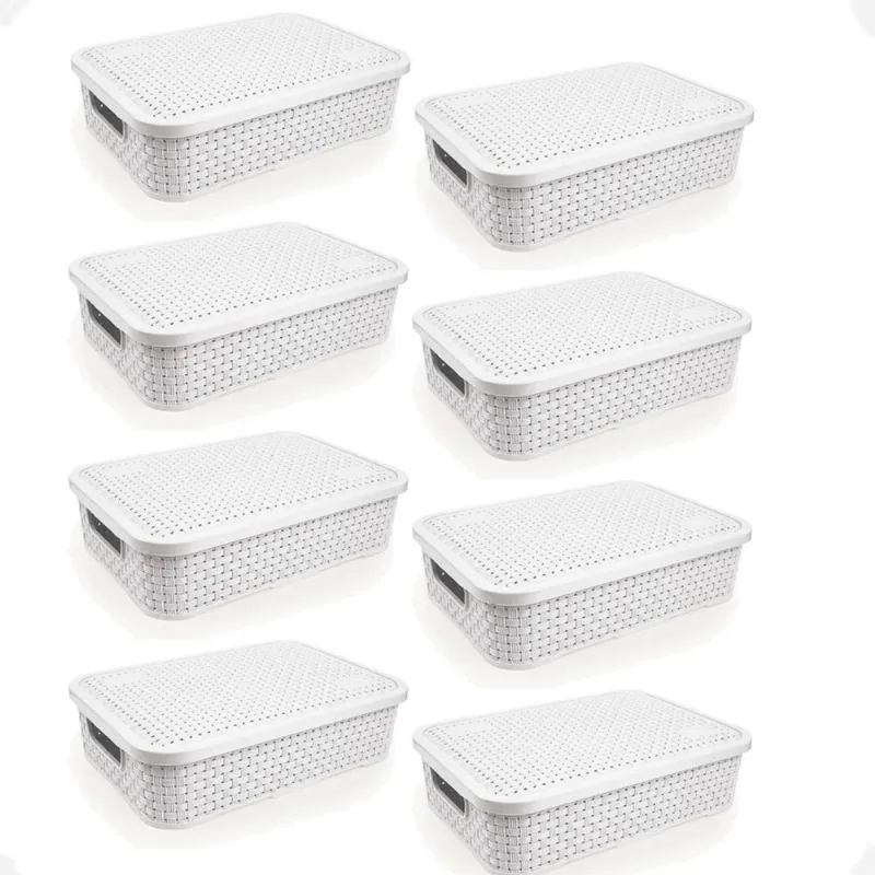 Kit 8 Cesto Rattan Baixo Com Tampa Médio 4,5 Litros Branco