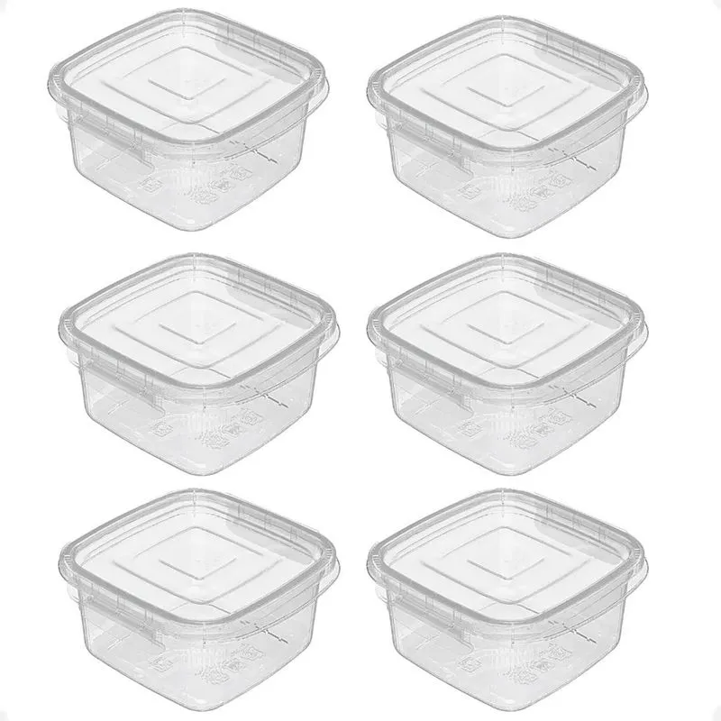 Kit 6 Pote Quadrado Pequeno Com Travas 370 Ml Transparente