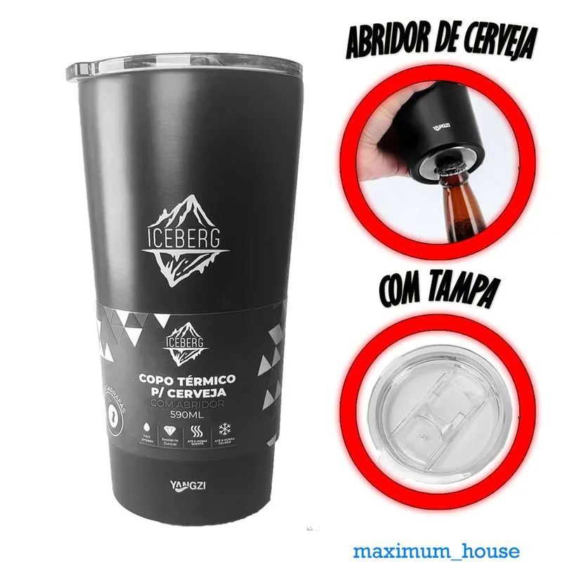 Copo Termico Cerveja Café Com Tampa Inox Abridor No Fundo Temperatura Parede Dupla 590ml – Iceberg Yangzi Premium Original
