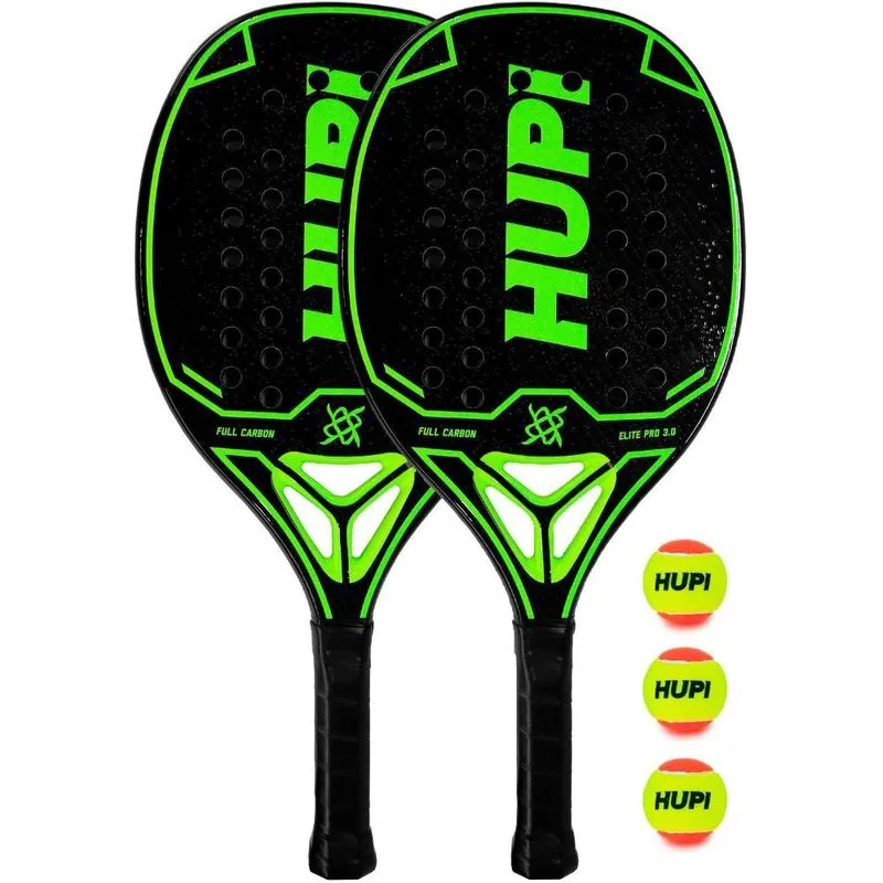 Kit 2 Raquetes Beach Tennis hupi Carbon Elite 3K Pro 3.0 + 3 Bolas de Beach Tennis hupi Pro