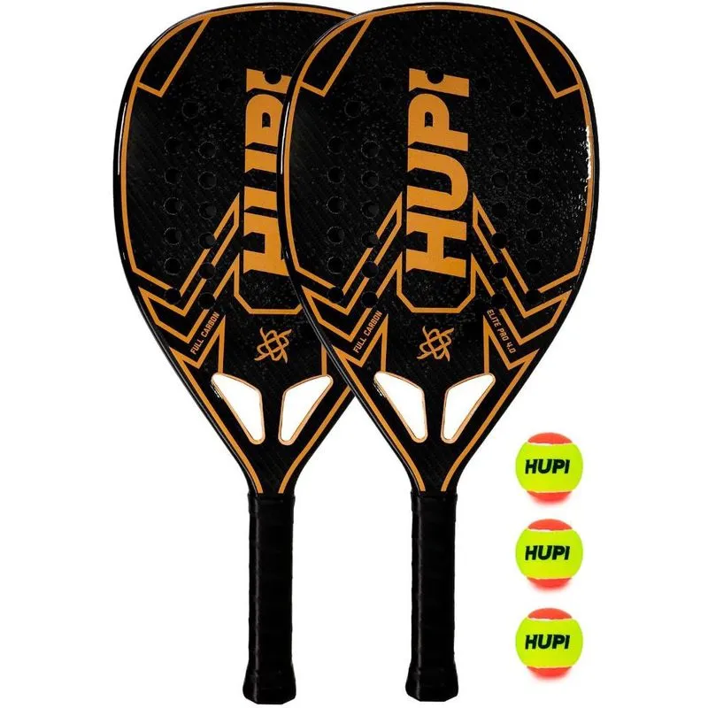 Kit 2 Raquetes Beach Tennis hupi Carbon Elite 3K Pro 4.0 + 3 Bolas de Beach Tennis hupi Pro