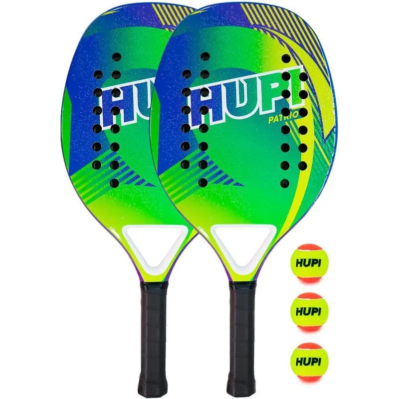 Kit 2 Raquetes Beach Tennis hupi Carbon/Fiberglass Patriot + 3 Bolas de Beach Tennis hupi Pro