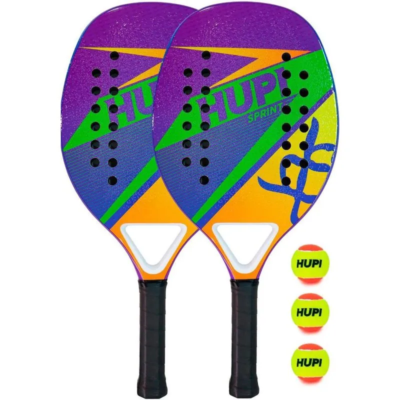 Kit 2 Raquetes Beach Tennis hupi Carbon/Fiberglass Sprint + 3 Bolas de Beach Tennis hupi Pro