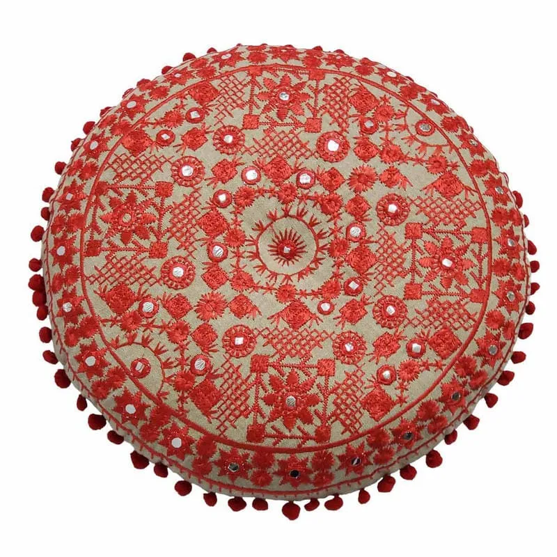 Almofada Para Meditação Bordada Redonda Bege E Vermelho 40Cm