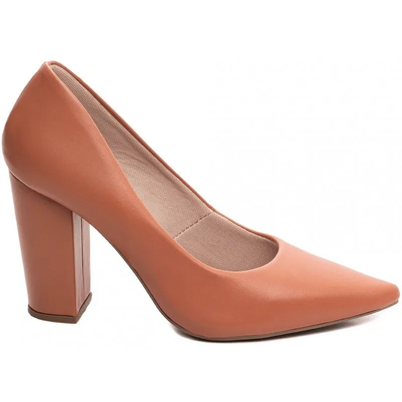 Sapato Scarpin Salto Alto Grosso Bico Fino 9cm Caramelo Torricella