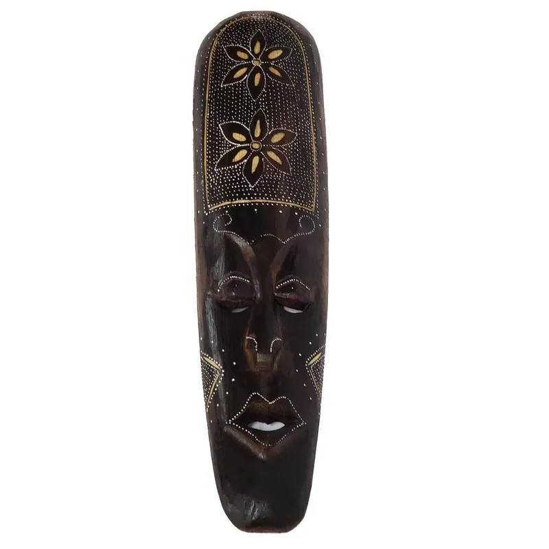 Máscara Entalhada Com Pintura Flor Madeira Balsa Fina 50Cm