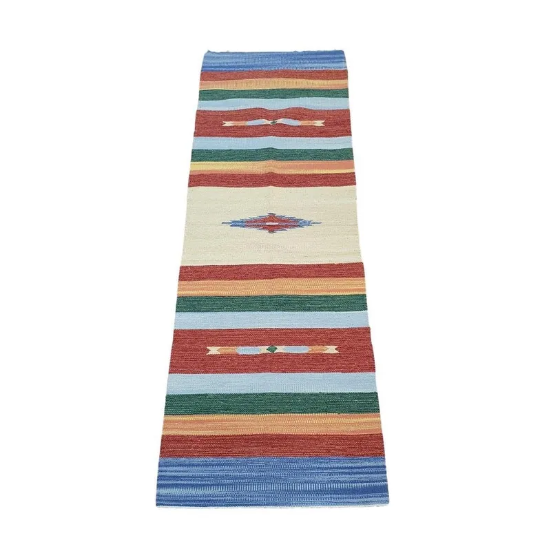 Passadeira Kilim 7 Cores 100% Algodão Azul 60Cmx180Cm