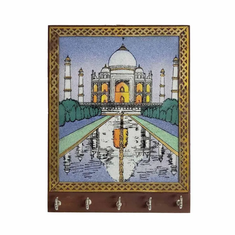 Porta Chaves Madeira Pintado 5 Ganchos Taj Mahal 18cm