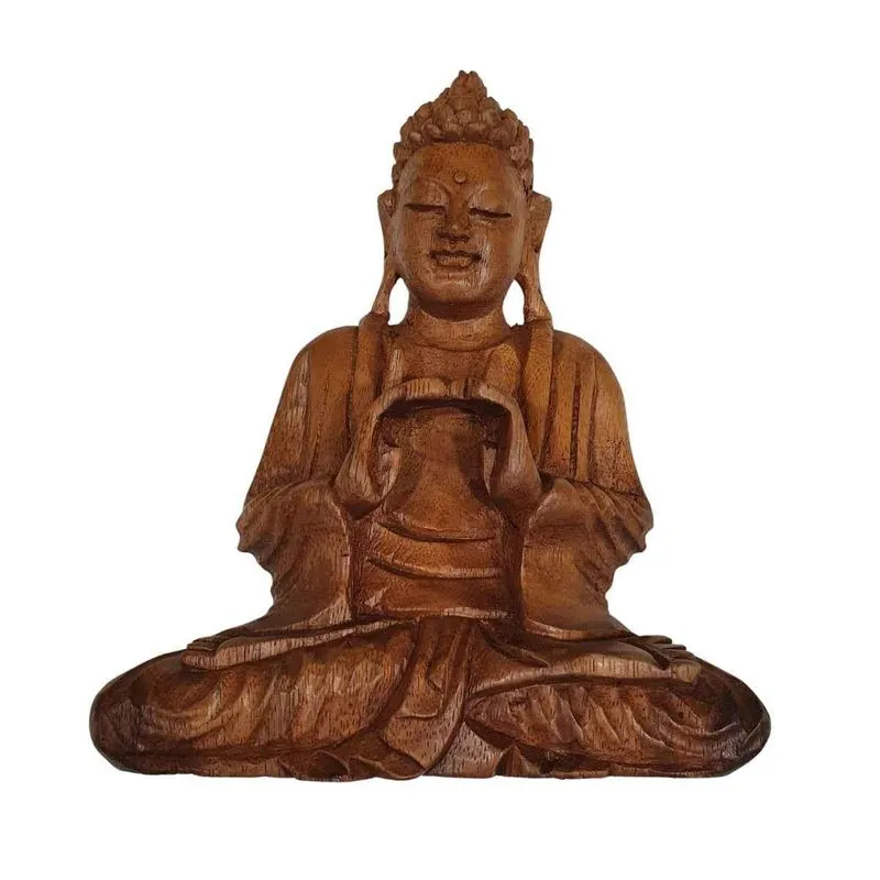Estátua Buda Sidarta De Madeira Suar Mudra Equilíbrio 40cm