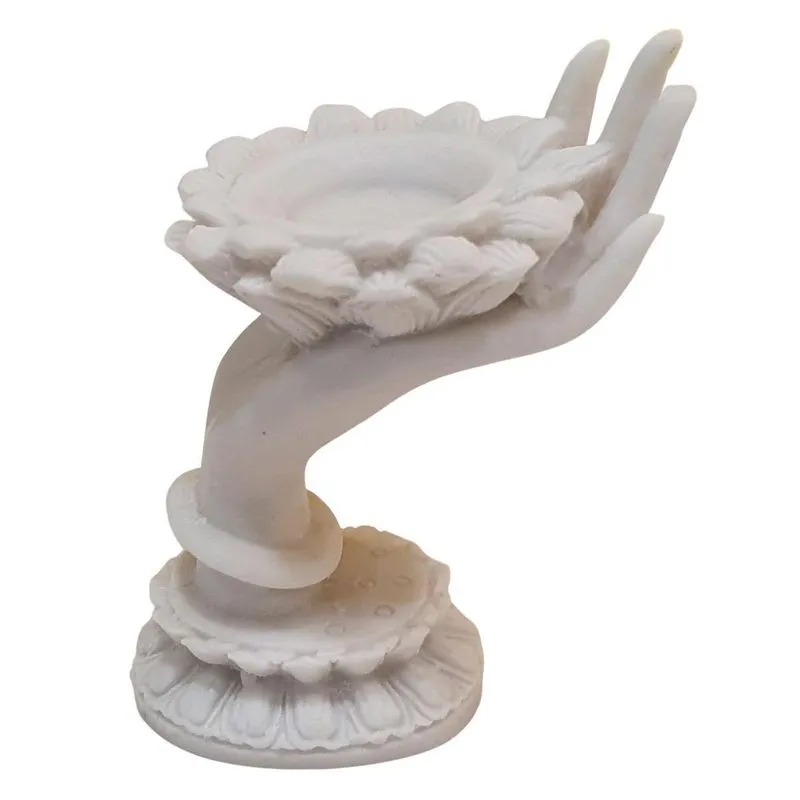 Porta Vela Mão Na Flor De Lótus De Pó De Mármore Branco 12cm