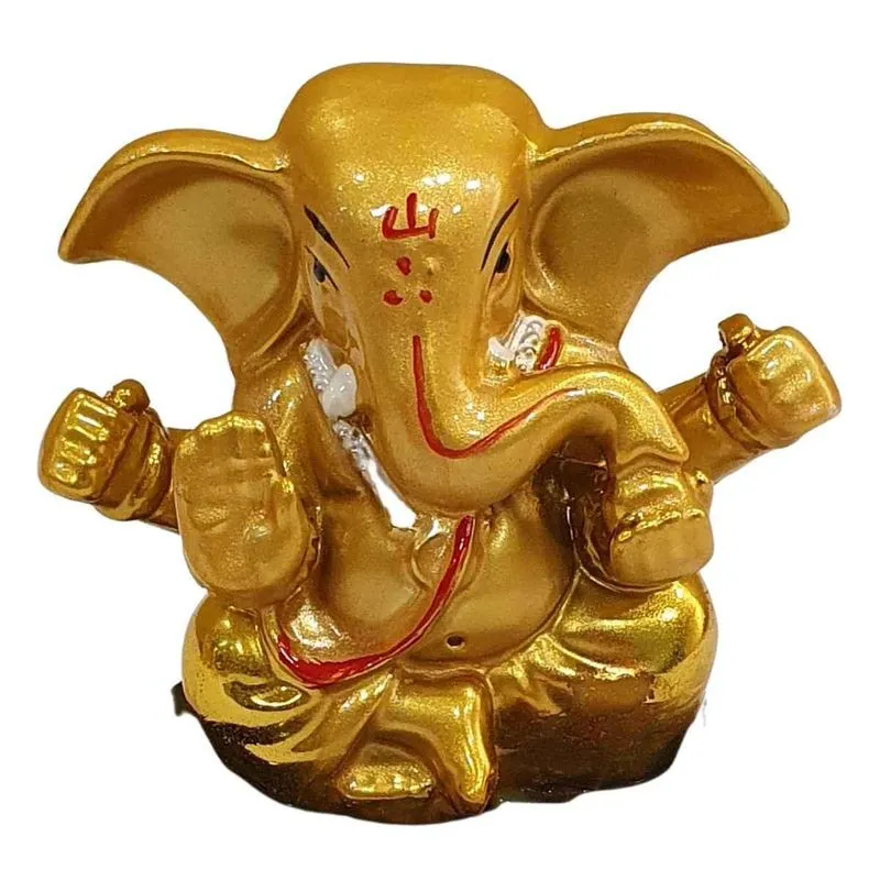 Estátua De Ganesha De Resina Dourado Base Redonda Marrom 8cm