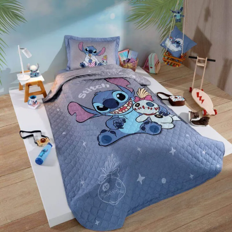 Kit Cobre Leito Solteiro Disney 1,60m x 2,35m com 2 Peças - Hedrons - Stitch Relax - Hedrons