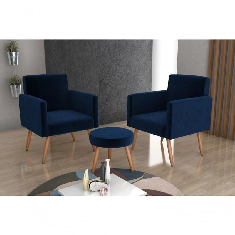 Conjunto 02 Poltronas Decorativas E 1 Puff Dallas - Azul Marinho