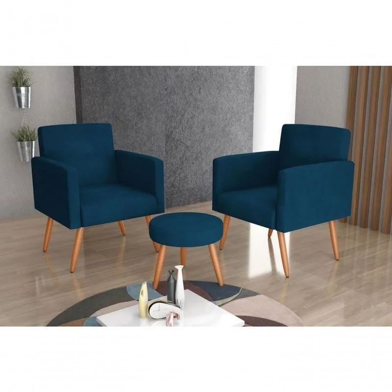 Conjunto 02 Poltronas E 1 Puff Dallas - Veludo Petroleo