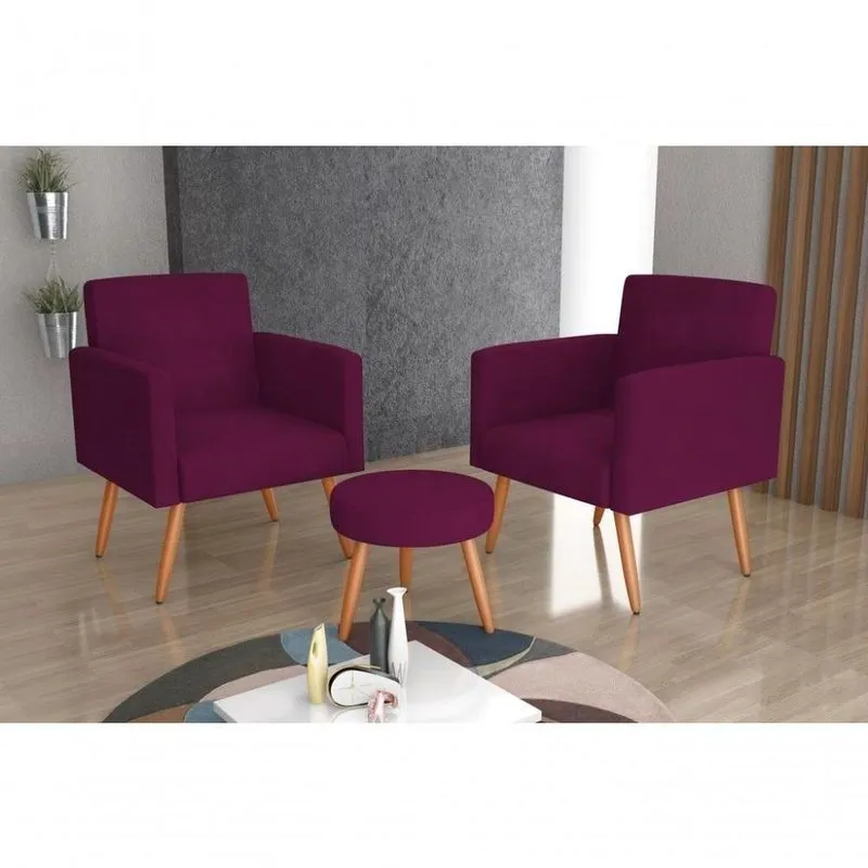 Conjunto 02 Poltronas E 1 Puff Dallas - Veludo Vinho