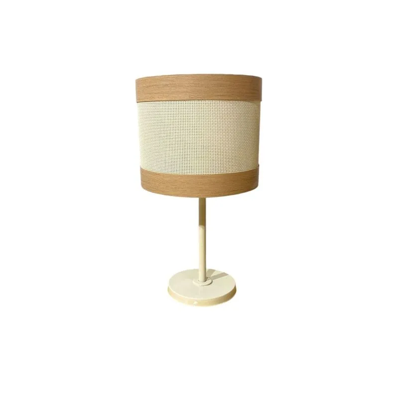 Abajur Redondo 24cm Marfim Com Cupula 18x18x15 Palha Bege E Borda De Madeira - Primor