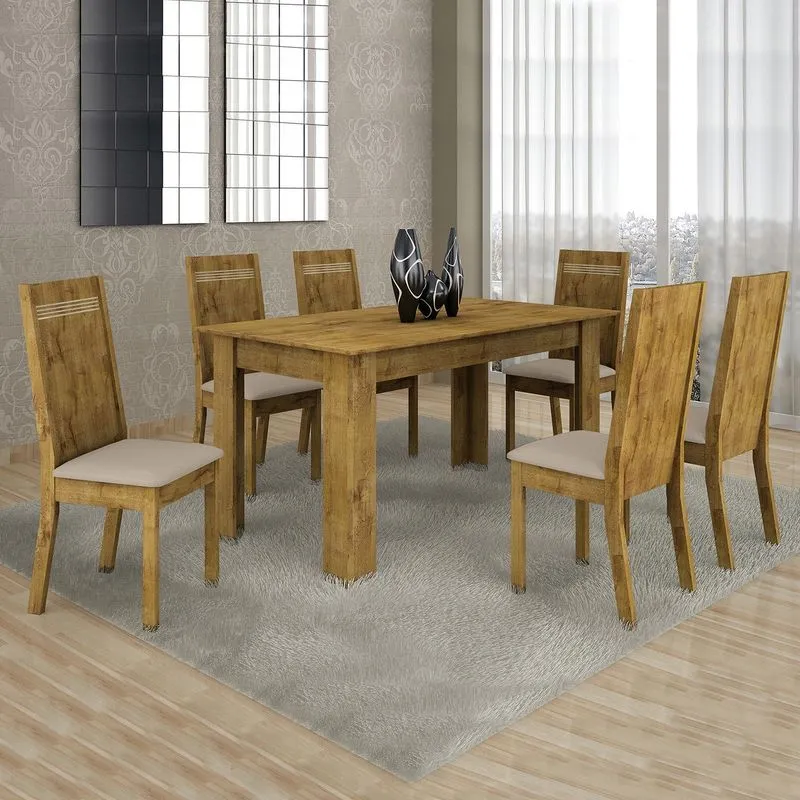 Conjunto Sala de Jantar Mesa 6 Cadeiras Ouro Preto Cel Móveis Ypê/ Courino Areia 18