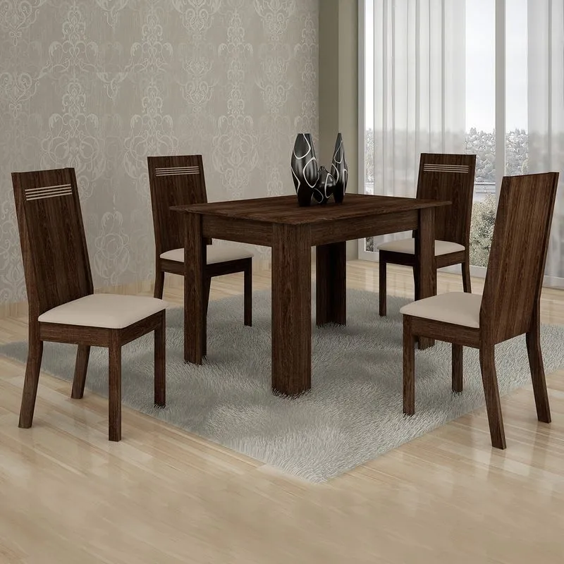 Conjunto Sala de Jantar Mesa 4 Cadeiras Ouro Preto 120cm Cel Móveis Malbec/ Courino Areia