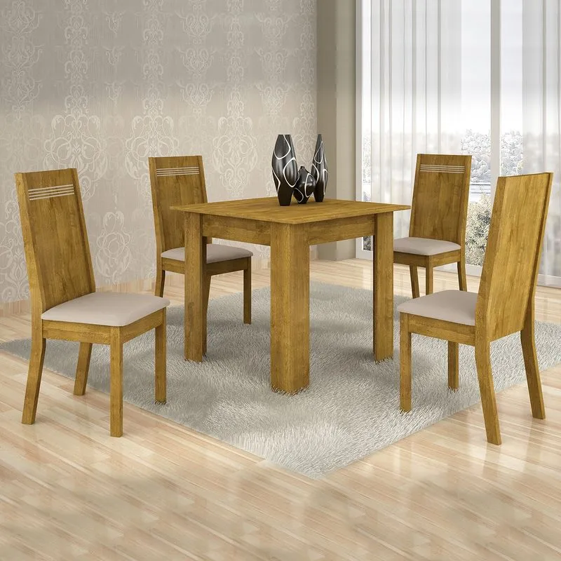 Conjunto Sala de Jantar Mesa 4 Cadeiras Ouro Preto 80cm Cel Móveis Ypê/ Courino Areia 18