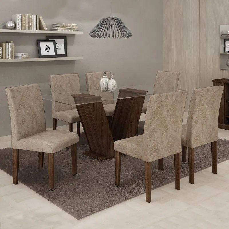 Conjunto Sala de Jantar Mesa 6 Cadeiras Classic 160cm Cel Móveis Malbec/ Suede Pena 84