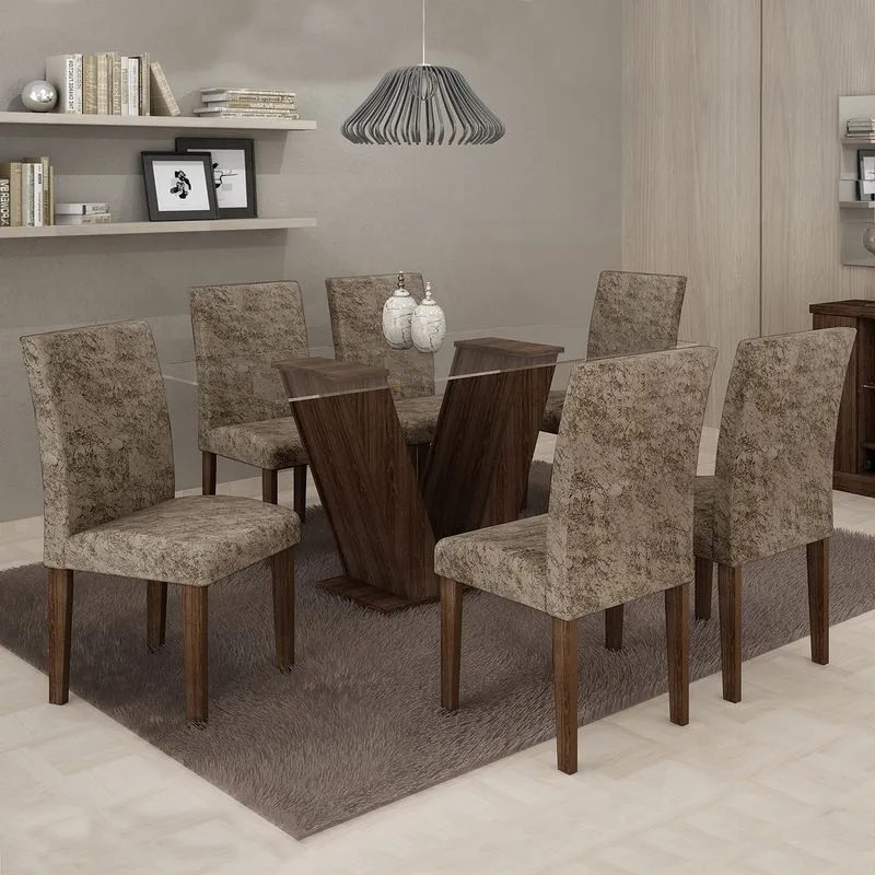 Conjunto Sala de Jantar Mesa 6 Cadeiras Classic 160cm Cel Móveis Malbec/ Veludo Envelhecido 70