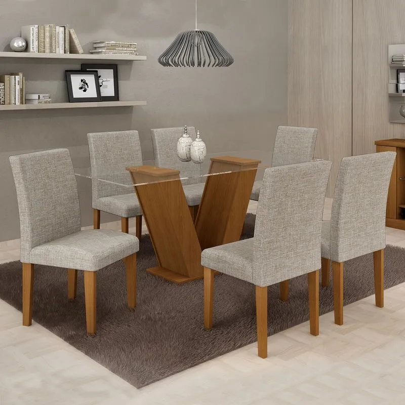 Conjunto Sala de Jantar Mesa 6 Cadeiras Classic 160cm Cel Móveis Nogueira/ Linho 80
