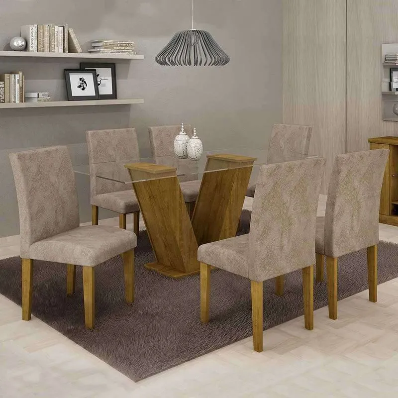 Conjunto de Mesa com Vidro e 6 Cadeiras Classic Suede Ypê e Bege