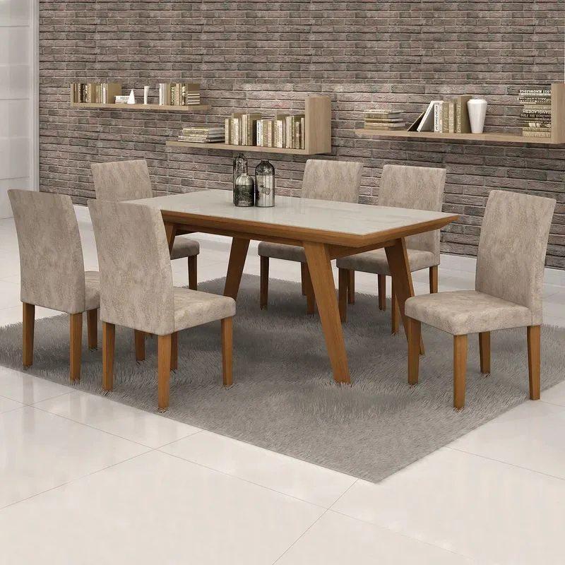 Conjunto Sala de Jantar Mesa Esmeralda Tampo Vidro Off White 6 Cadeiras Classic Cel Móveis Nogueira/ Suede Pena 84