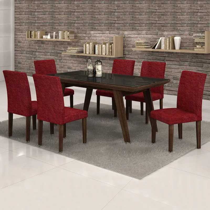 Conjunto Sala de Jantar Mesa Esmeralda Tampo Vidro Preto 6 Cadeiras Classic Cel Móveis Malbec/ Veludo Envelhecido 68