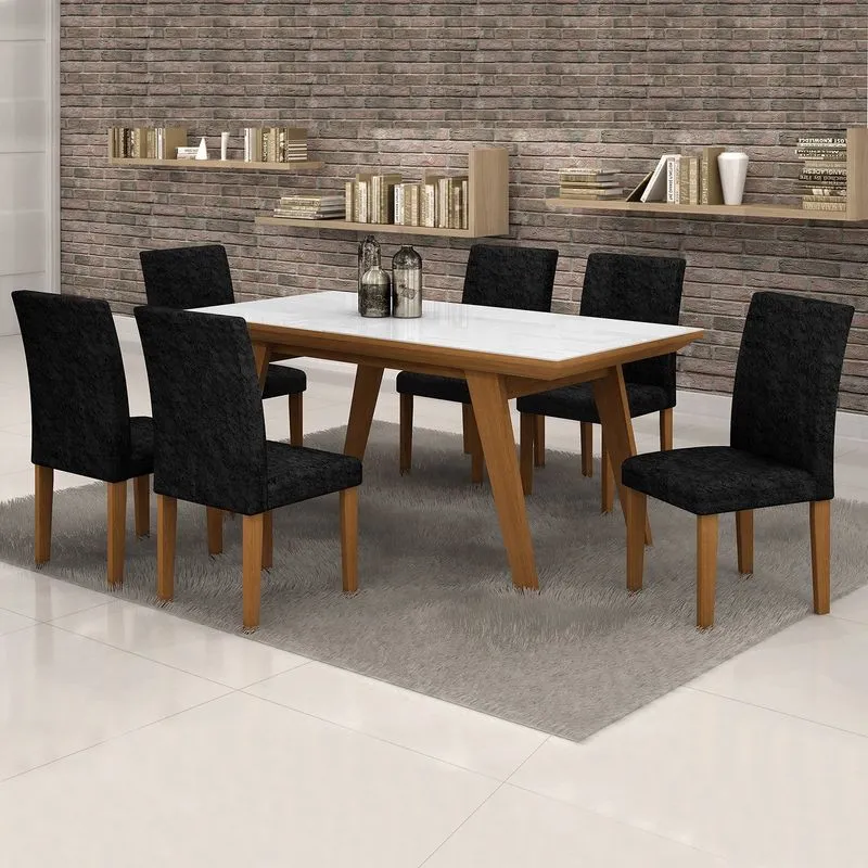 Conjunto Sala de Jantar Mesa Esmeralda Tampo Vidro Branco 6 Cadeiras Classic Cel Móveis Nogueira/ Veludo Envelhecido 69