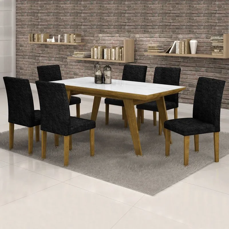 Conjunto Sala de Jantar Mesa Esmeralda Tampo Vidro Branco 6 Cadeiras Classic Cel Móveis Ypê/ Veludo Envelhecido 69