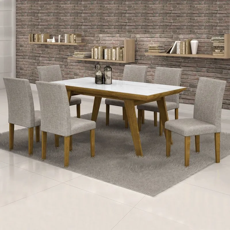 Conjunto Sala de Jantar Mesa Esmeralda Tampo Vidro Branco 6 Cadeiras Classic Cel Móveis Ypê/ Linho 80