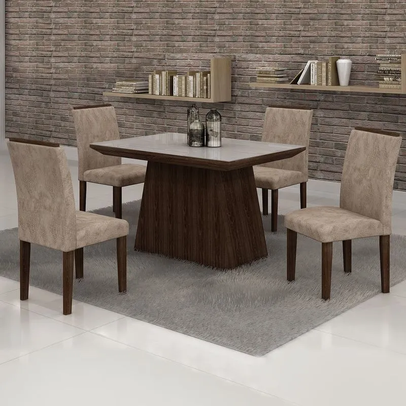 Conjunto Sala de Jantar Mesa Tampo Vidro Off White 4 Cadeiras Sevilha Cel Móveis Malbec/ Suede Pena 84