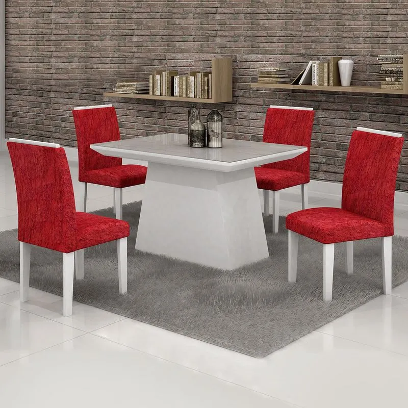 Conjunto Sala de Jantar Mesa Tampo Vidro Off White 4 Cadeiras Sevilha Cel Móveis Branco/ Veludo Envelhecido 68