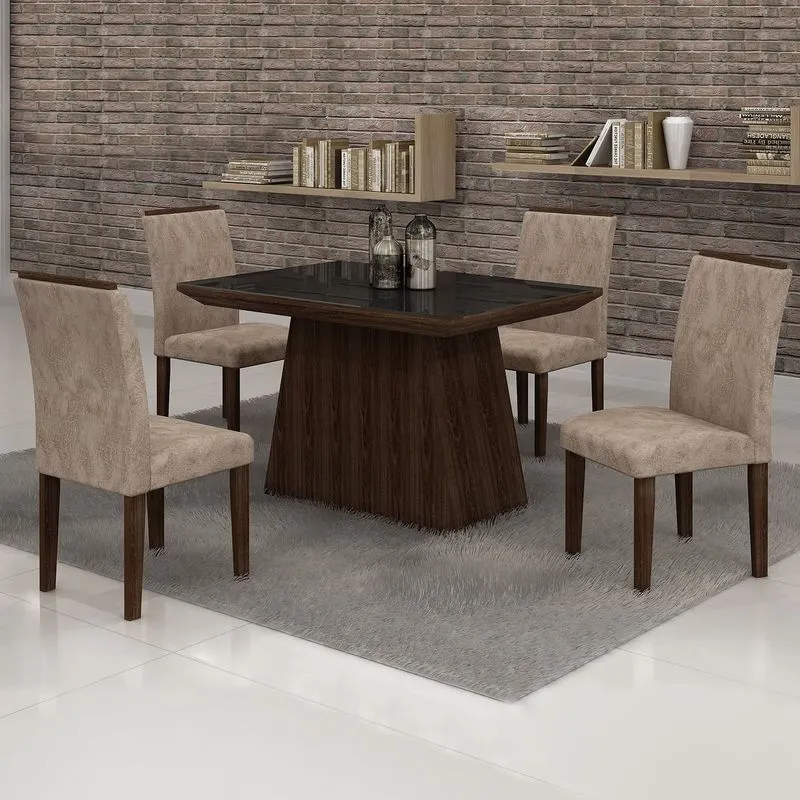 Conjunto Sala de Jantar Mesa Tampo Vidro Preto 4 Cadeiras Sevilha Cel Móveis Malbec/ Suede Pena 84