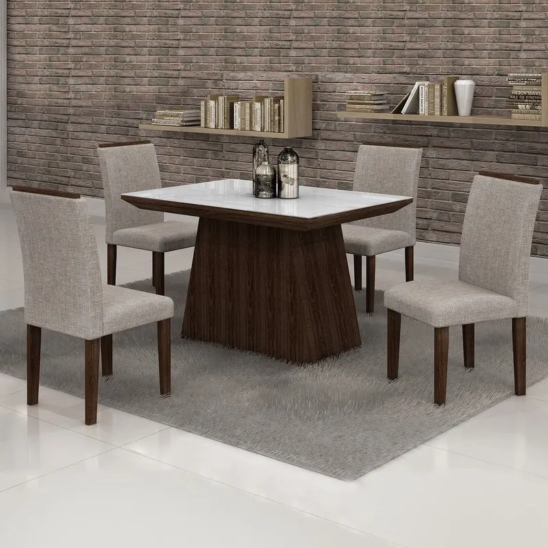 Conjunto Sala de Jantar Mesa Tampo Vidro Branco 4 Cadeiras Sevilha 120cm Cel Móveis Malbec/ Linho 80