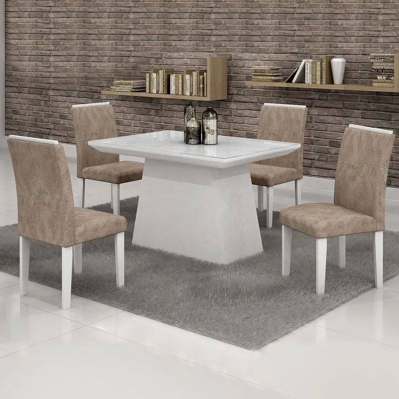 Conjunto Sala de Jantar Mesa Tampo Vidro Branco 4 Cadeiras Sevilha 120cm Cel Móveis Branco/ Suede Pena