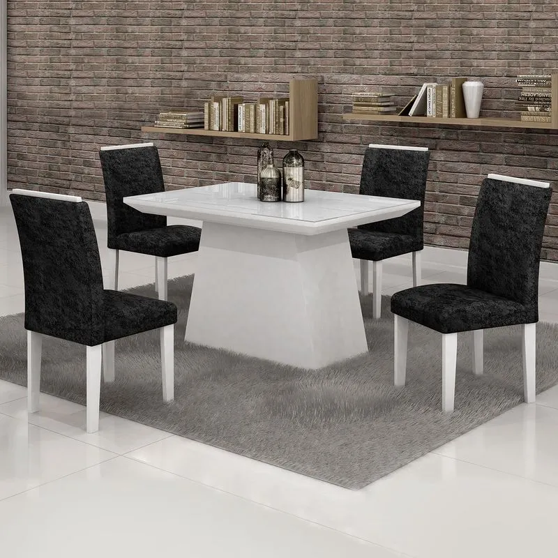 Conjunto Sala de Jantar Mesa Tampo Vidro Branco 4 Cadeiras Sevilha 120cm Cel Móveis Branco/ Veludo Envelhecido 69