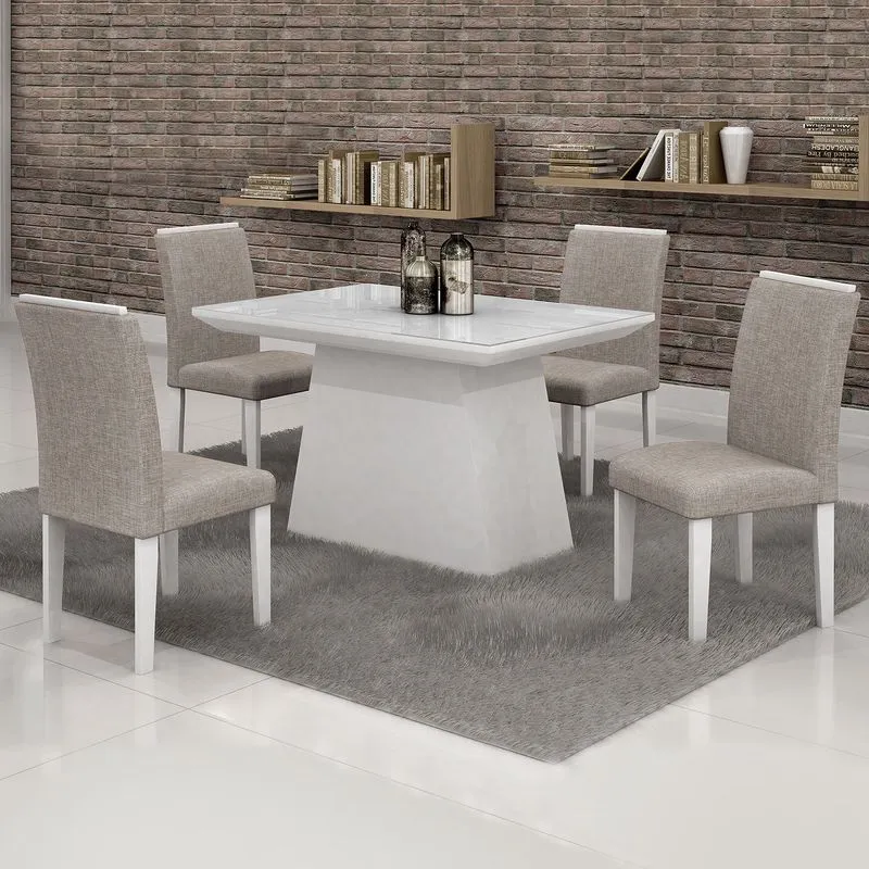 Conjunto Sala de Jantar Mesa Tampo Vidro Branco 4 Cadeiras Sevilha 120cm Cel Móveis Branco/ Linho 80