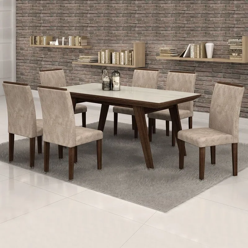 Conjunto Sala de Jantar Mesa Esmeralda Tampo Vidro Off White 6 Cadeiras Classic Cel Móveis Malbec/ Suede Pena 84